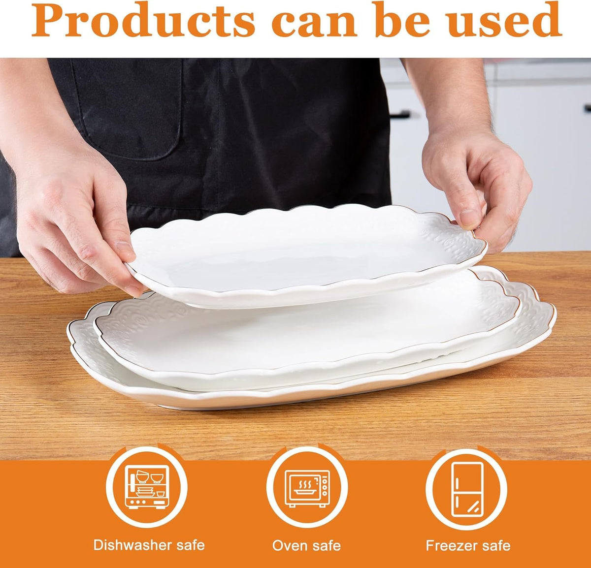 Kassel white ceramic platter with golden rim 12-inch oval complements tableware