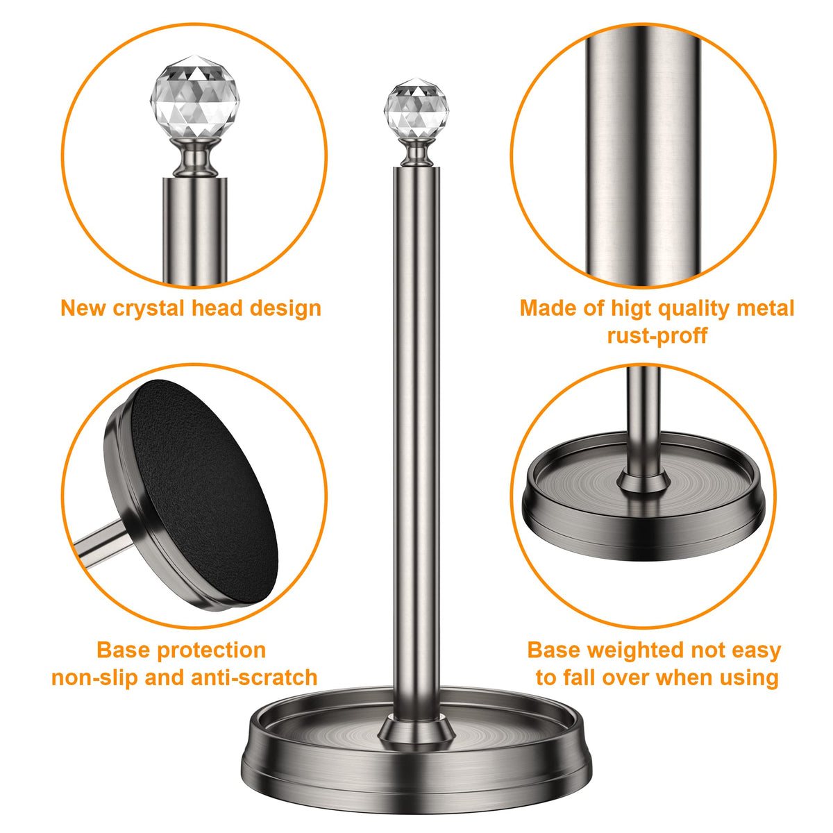 Brushed nickel base with PU pad protecting the counter and preventing slips