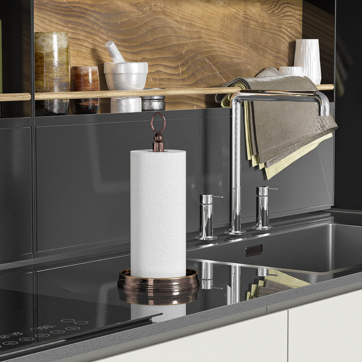 Kasunto paper towel holder brushed nickel finish for modern kitchens