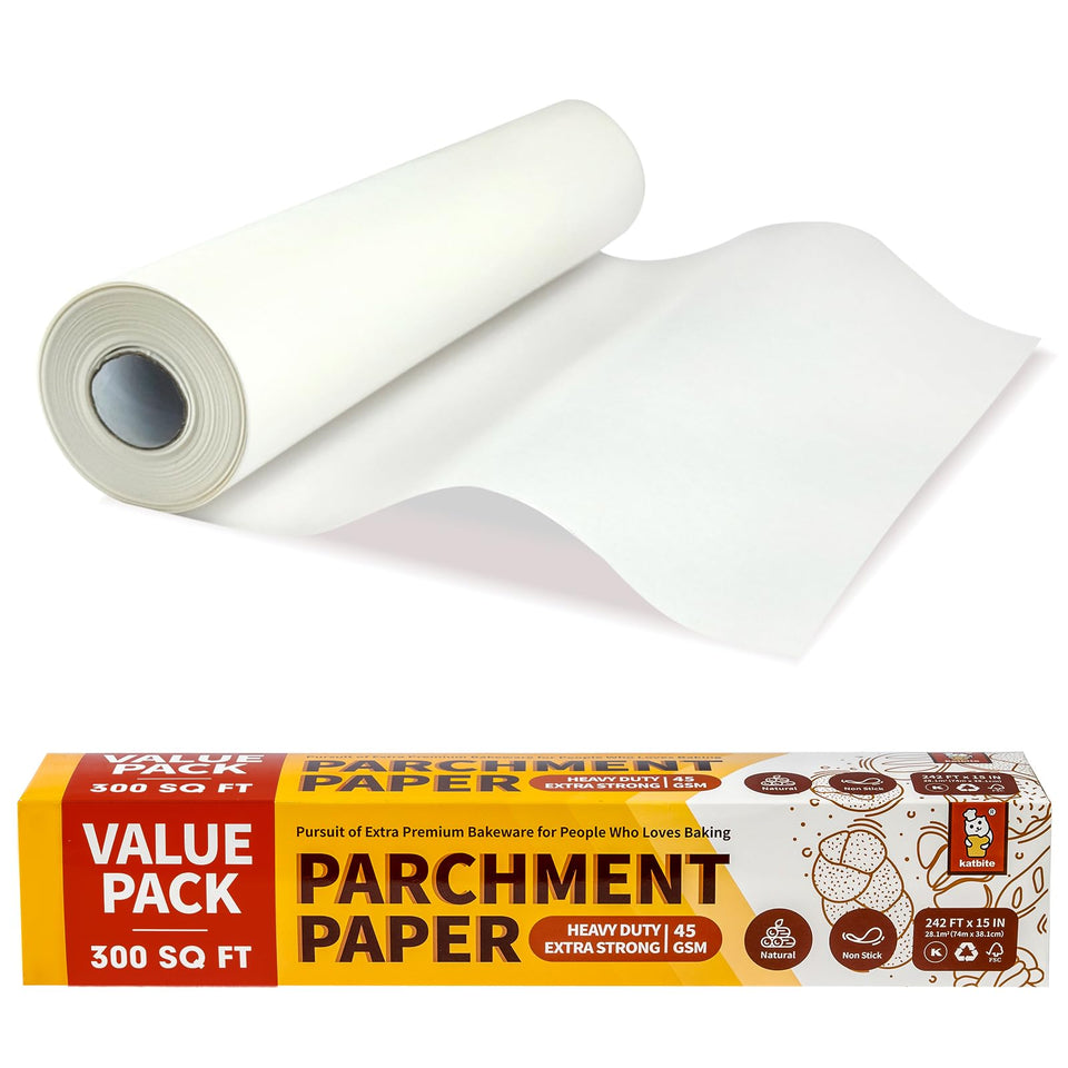 Katbite 15in parchment roll with serrated cutter enables quick, precise sizing.