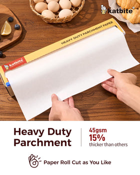 Katbite 15in parchment with cutting rack enables precise cuts for half- or full-sheet pans.