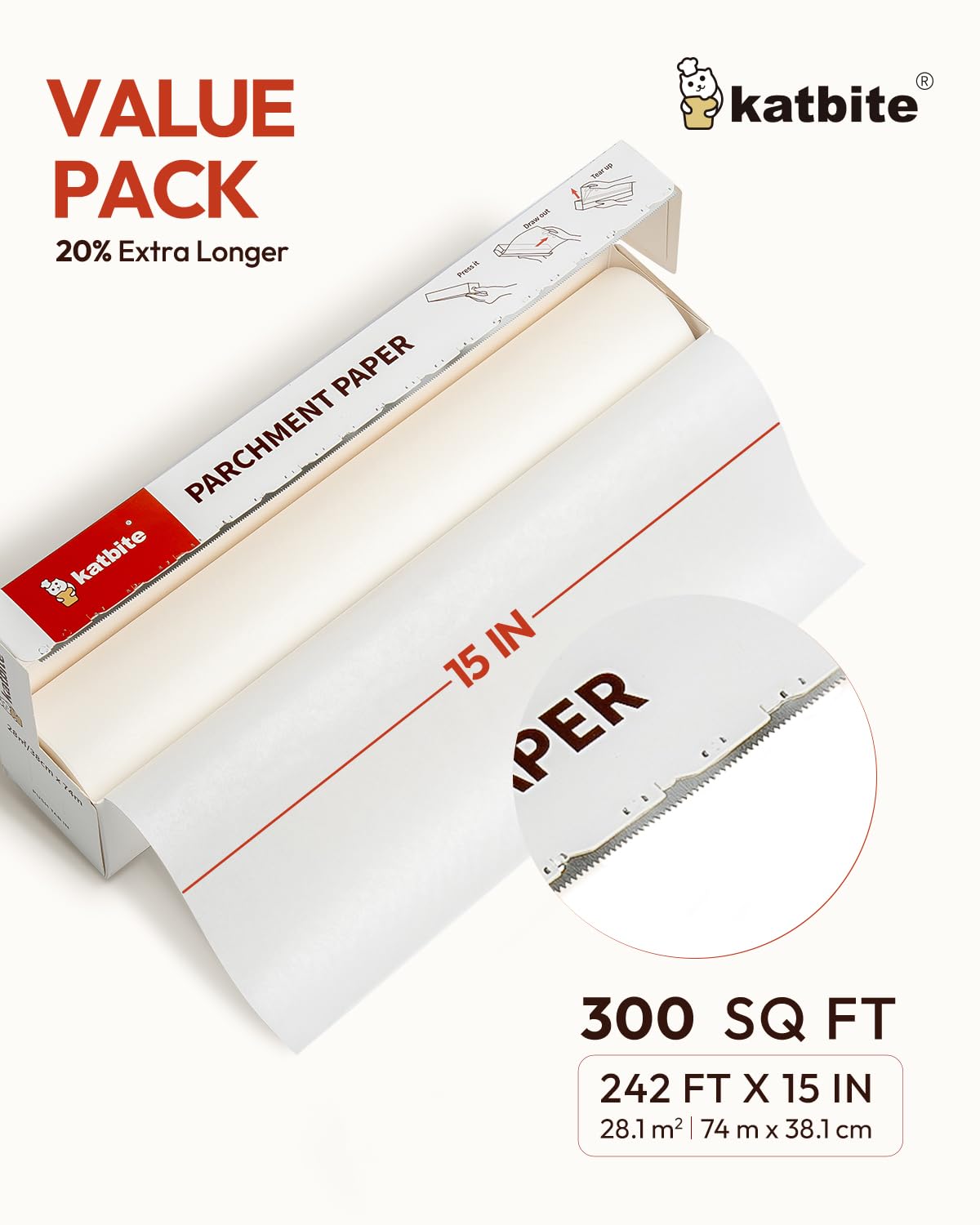 Katbite 15in x 242ft parchment paper roll for nonstick baking.
