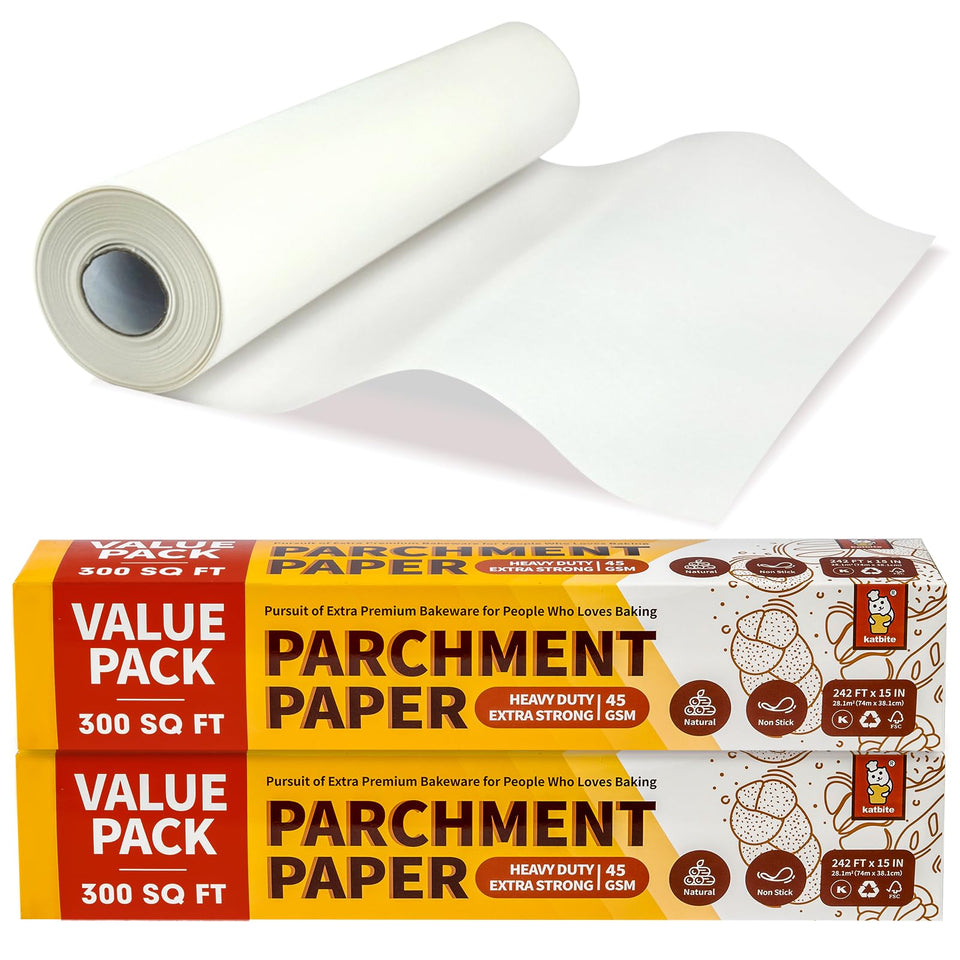 Katbite 2-pack parchment paper roll with serrated cutter for easy cuts.