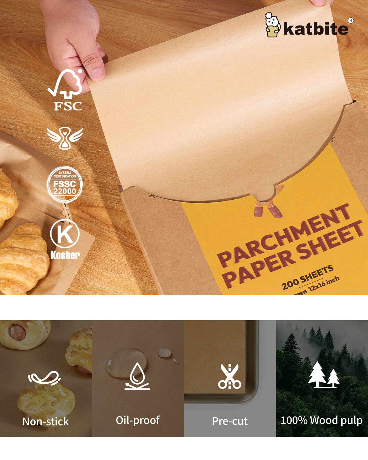 Katbite unbleached parchment uses natural wood pulp and silicone coating.