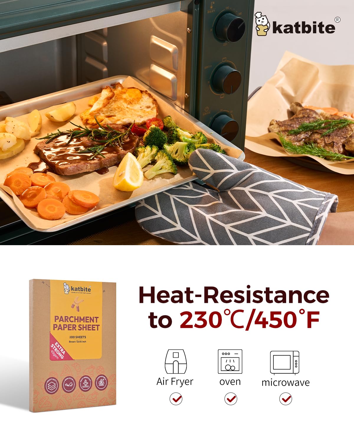 Katbite 12x16 paper supports baking cookies, vegetables, or pastries in multiple devices.
