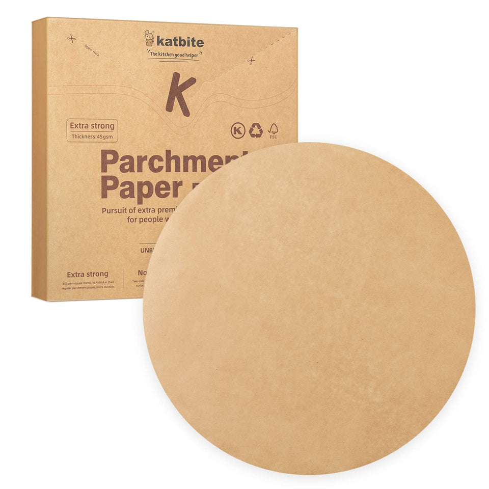 Katbite 8-inch parchment rounds offer heavy-duty durability for easy pan lining.
