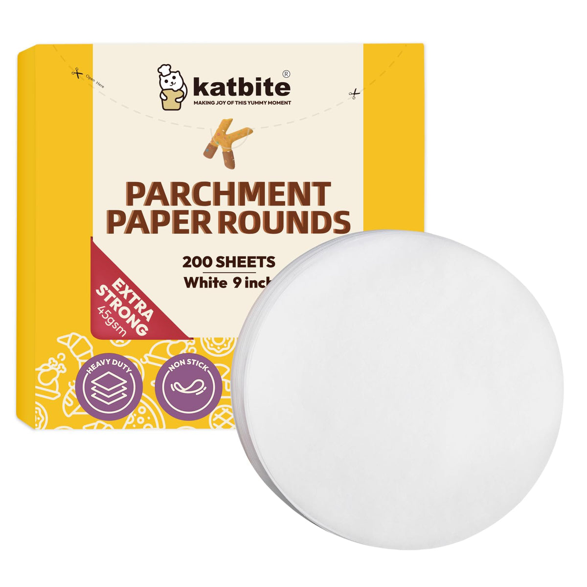 Katbite 9-inch parchment rounds in box for convenient storage and access.