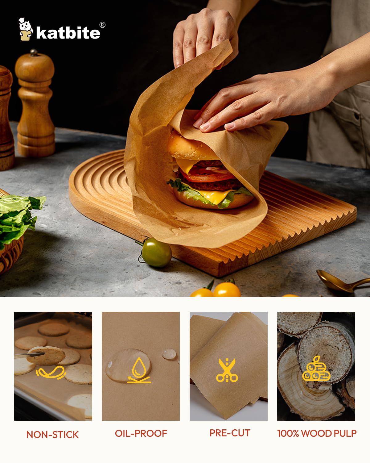 Katbite FSC-certified parchment paper sourced from wood pulp for safe cooking.