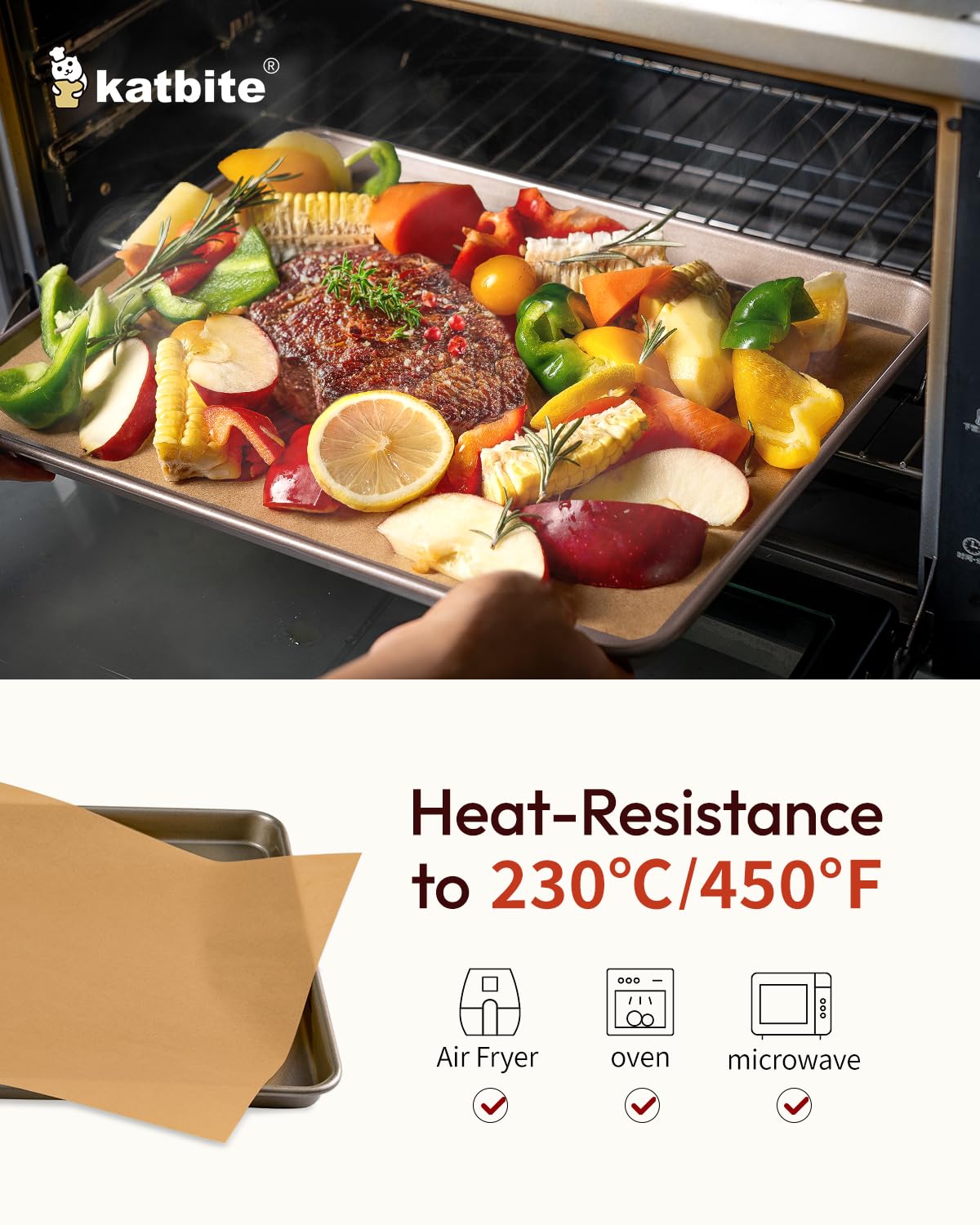 Katbite parchment tolerates temperatures from -68 to 450°F for versatile cooking.