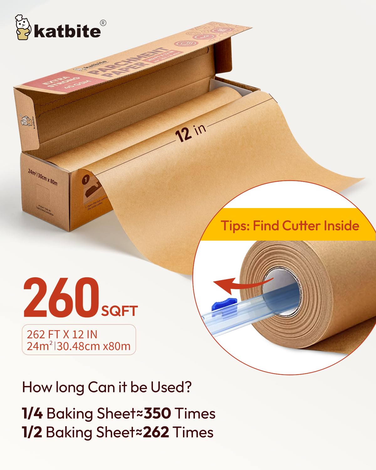 Katbite heavy-duty 45gsm parchment paper offering extra strength for sturdy bake setups.