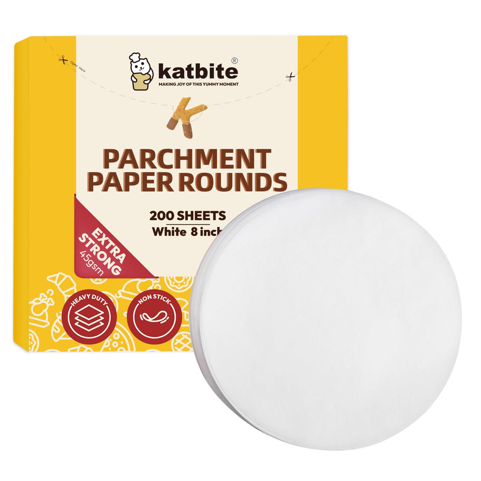 Katbite 8-inch heavy-duty parchment rounds in box for mess-free baking