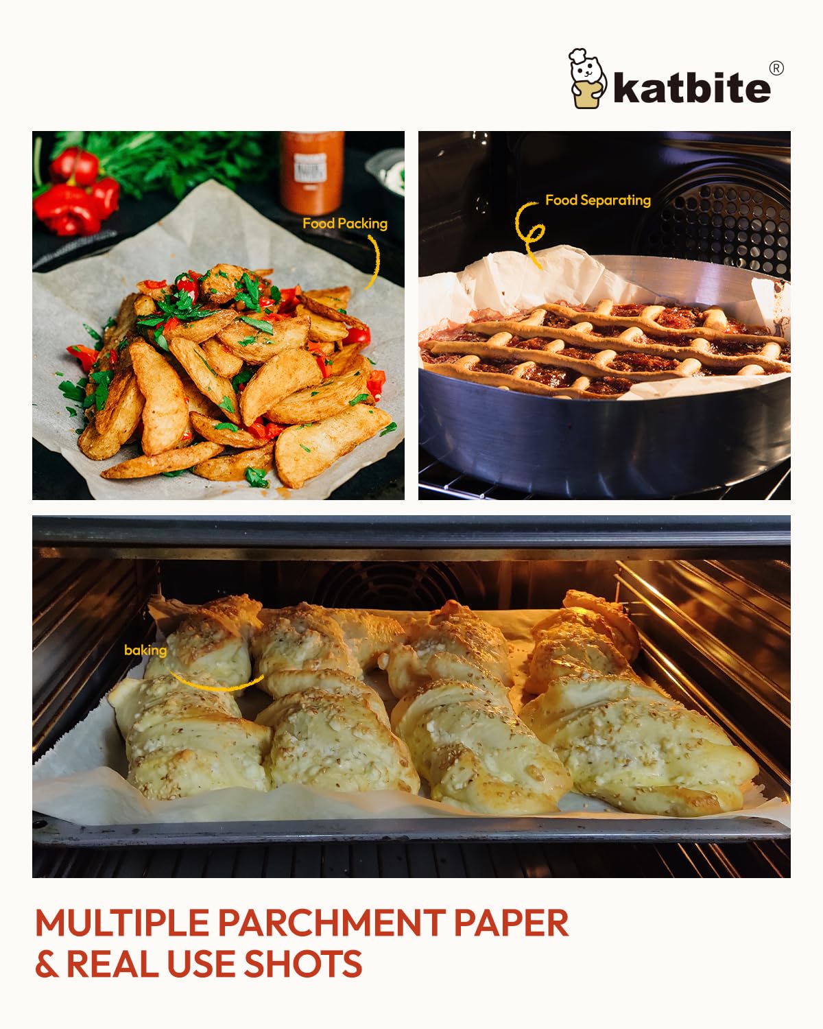 Katbite versatile parchment for baking, freezing, and microwaving.