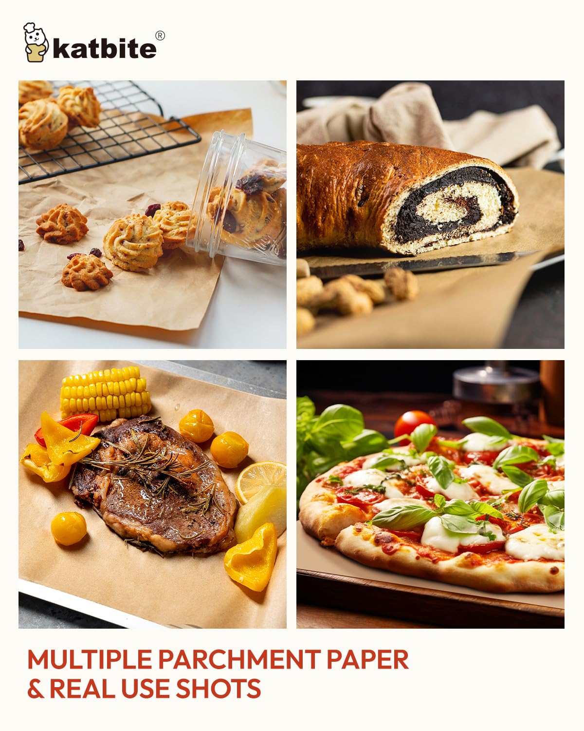 Katbite parchment sheets provide non-stick surface for easy food release.