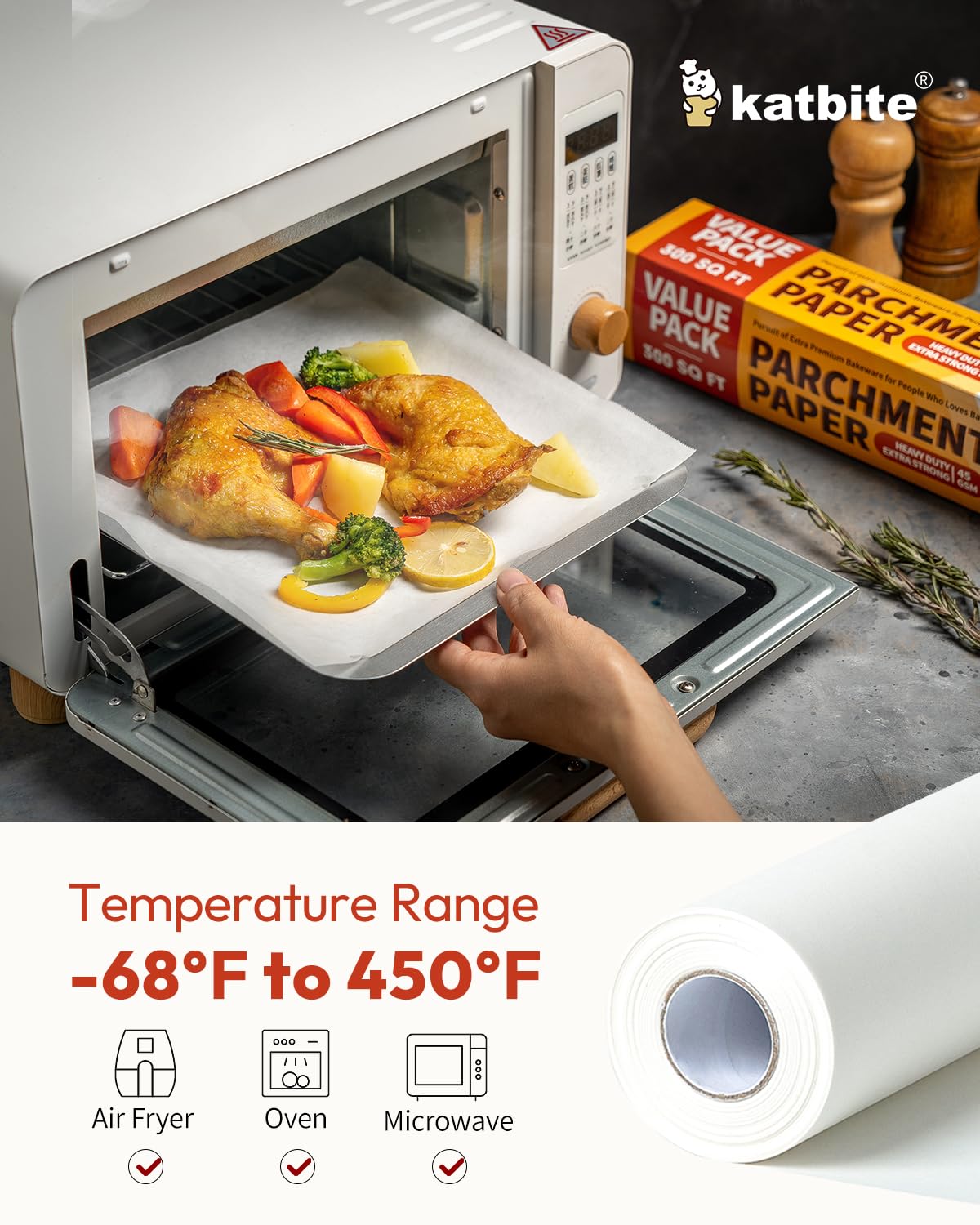 Katbite parchment tolerates high heat for oven, air fryer, and steaming.