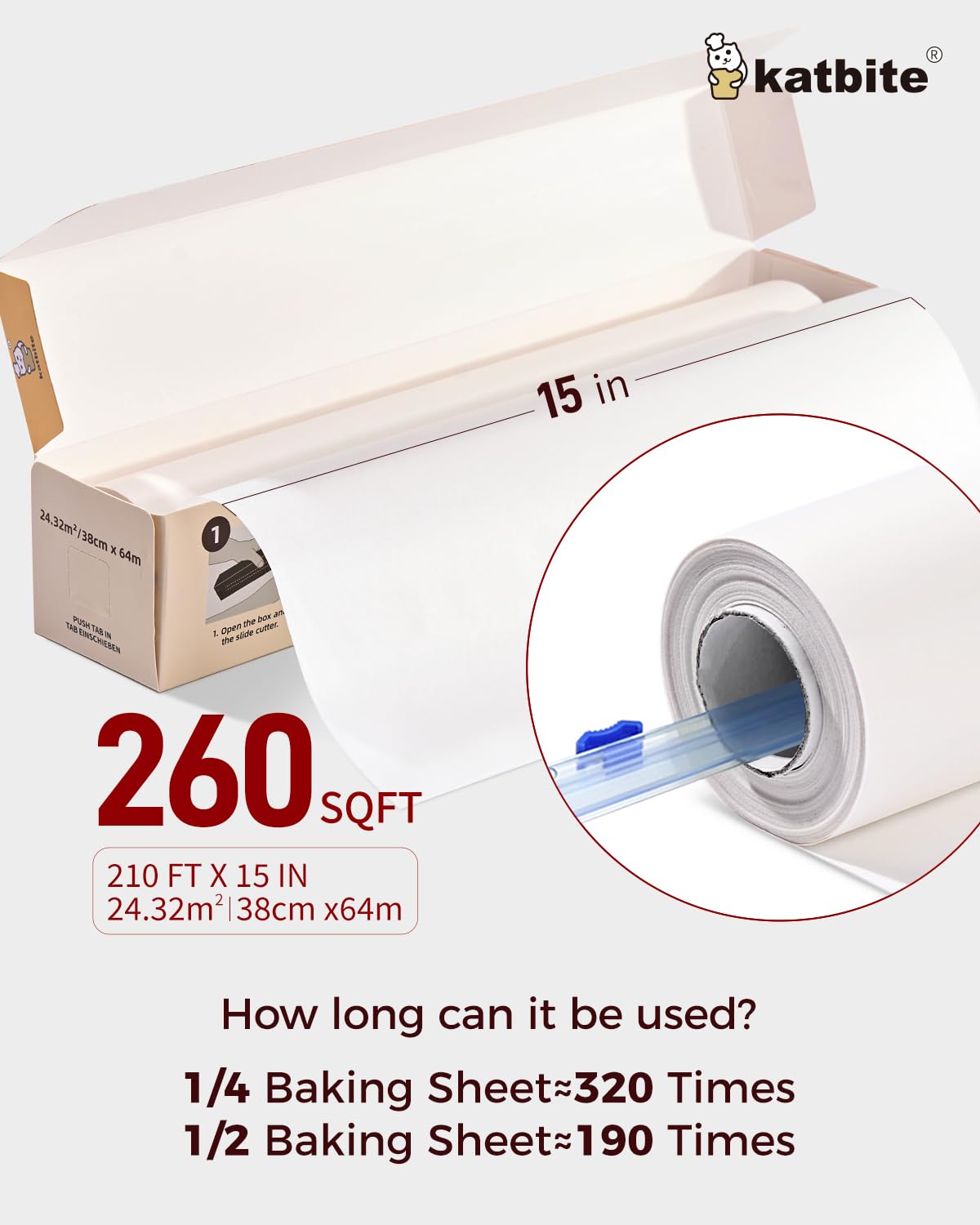 Katbite oven-safe parchment paper up to 425°F for versatile kitchen tasks.