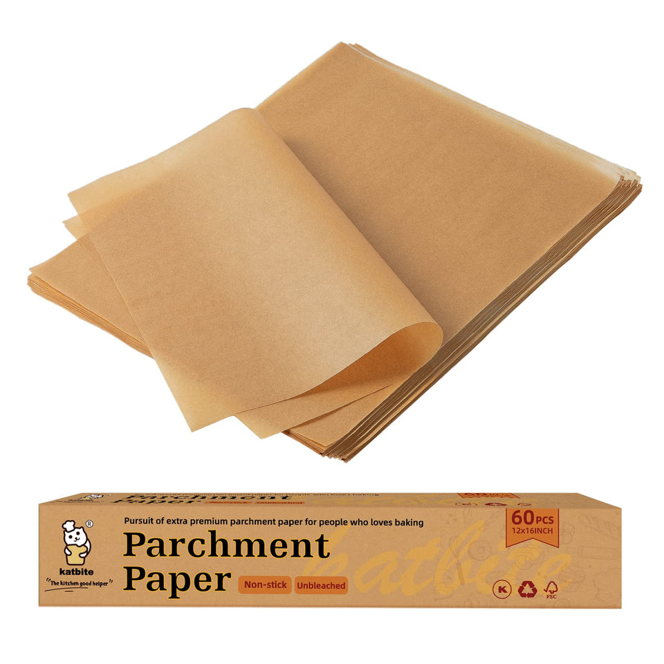 Katbite parchment paper 12x16 flatlay of unbleached sheets for healthier baking