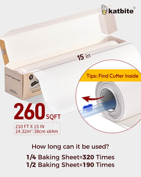 Katbite parchment roll, 15in wide and 210ft long for extended baking.