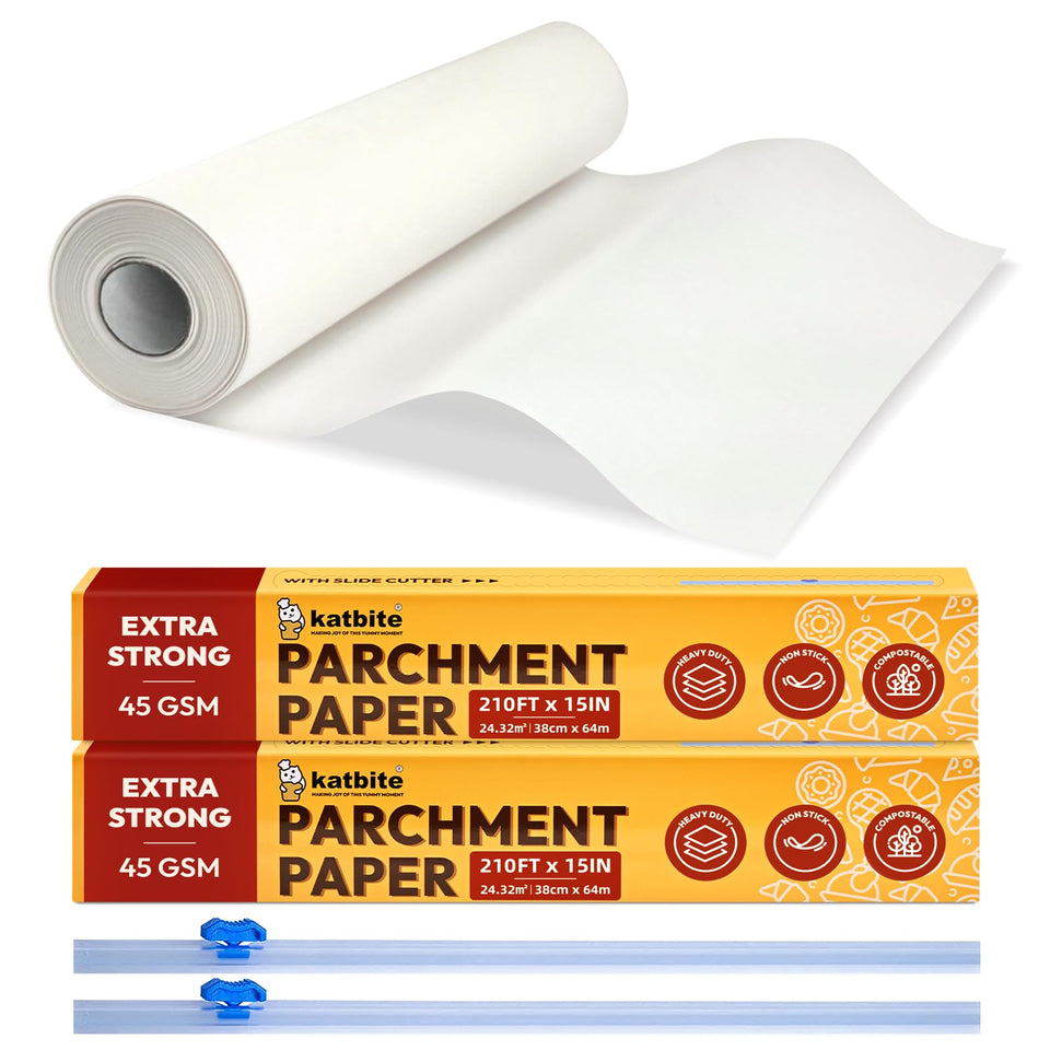 Katbite parchment roll inside box with cutting edge for precise sheet cuts.