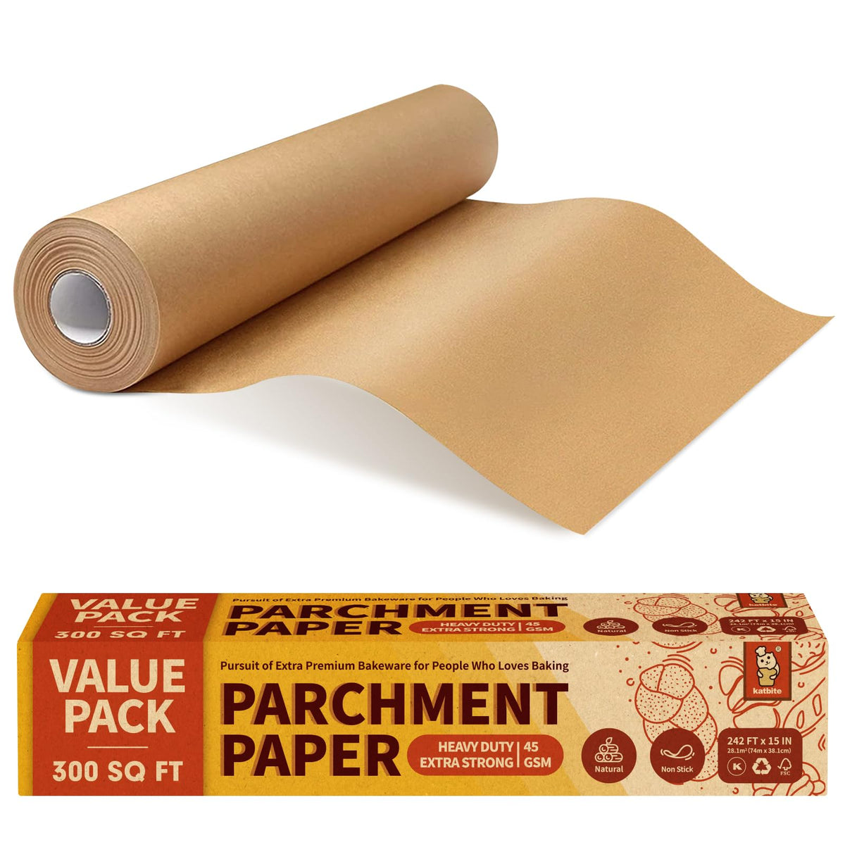 Katbite parchment paper roll with serrated cutter for quick, precise sheet cutting
