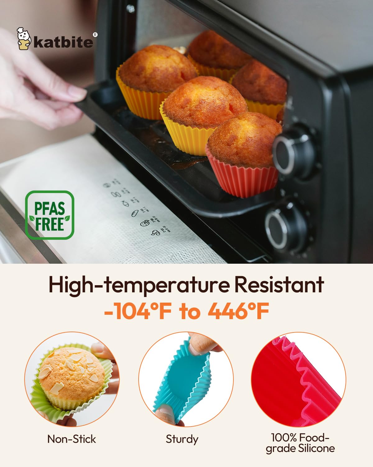 Katbite silicone cupcake liners enable easy release and quick cleanup after baking