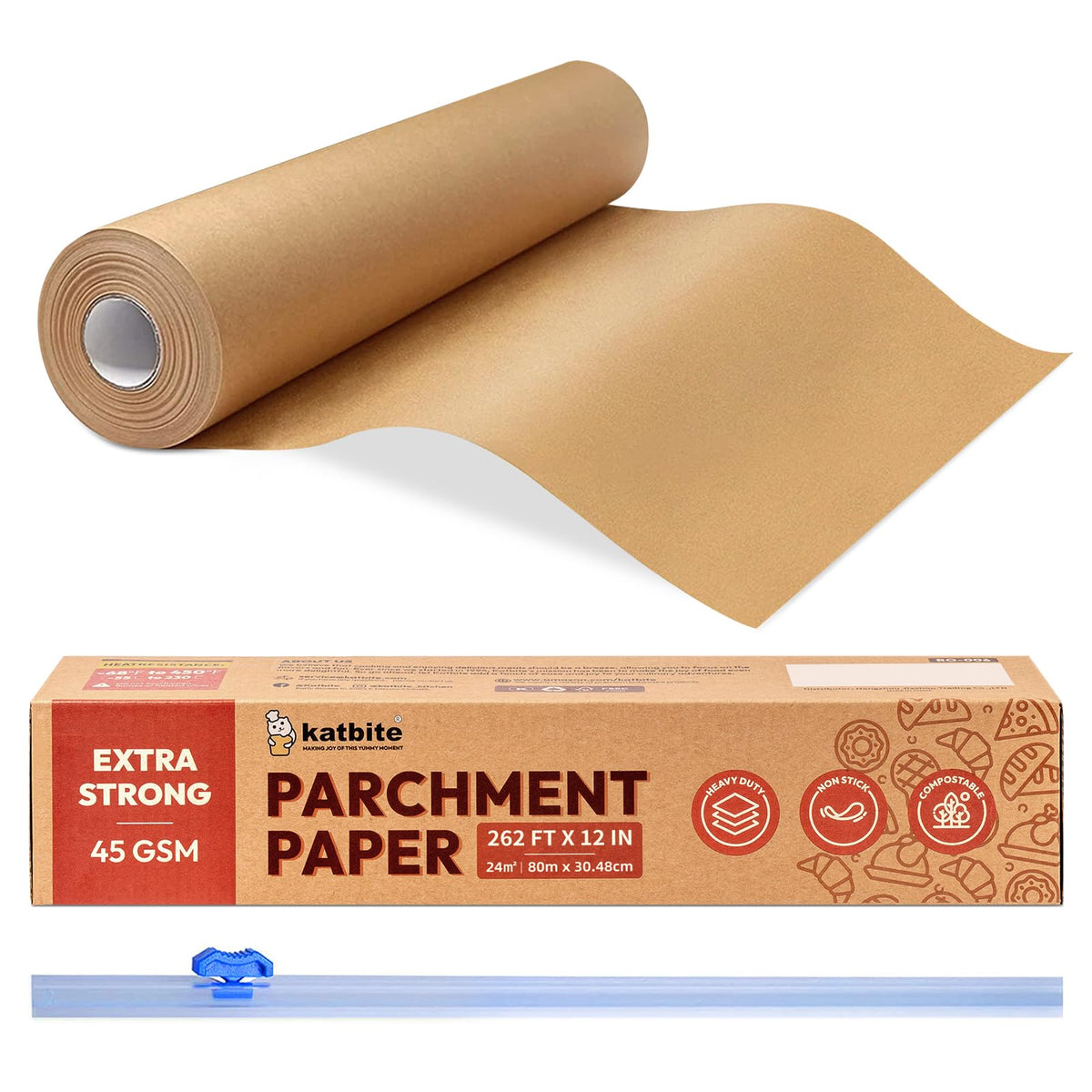 Katbite unbleached parchment paper roll with slide cutter for precise cuts and mess-free lining.