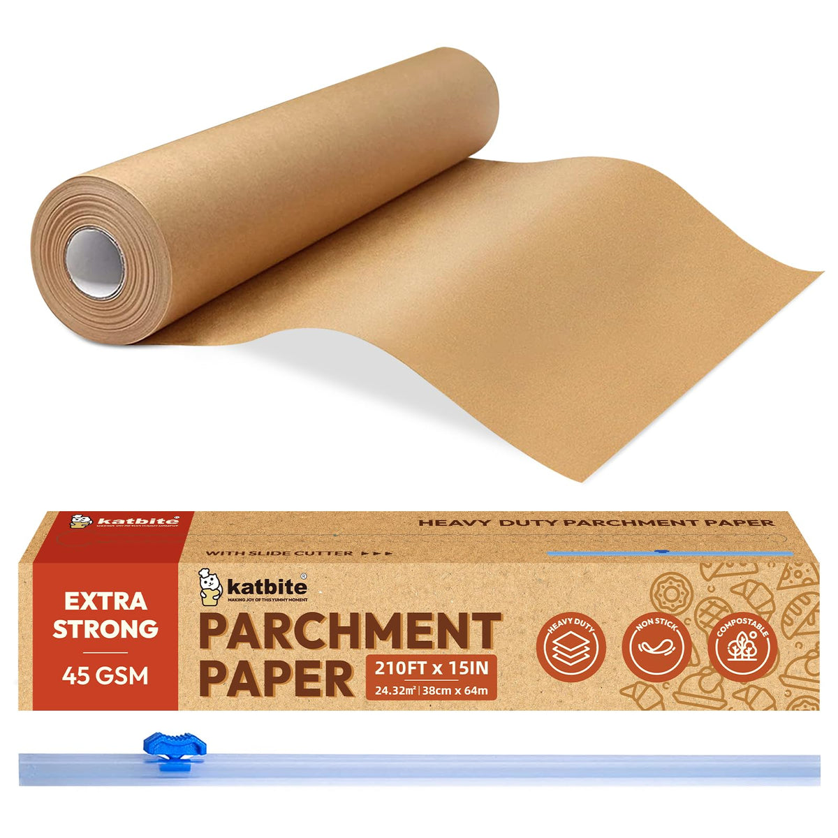 Katbite unbleached parchment paper 15in roll with slide cutter for easy trimming