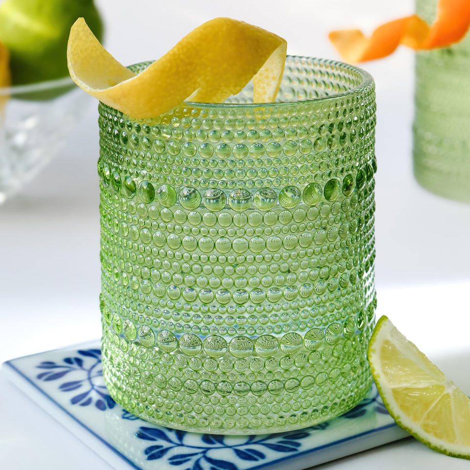 Kate Aspen Sage Green Hobnail Beaded Drinking Glasses add vintage charm to casual dining.
