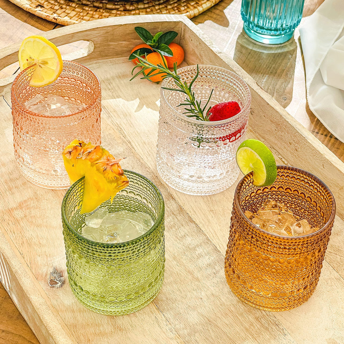 Kate Aspen Sage Green Hobnail Beaded Drinking Glasses showcase embossed floral detailing for elegant serving.