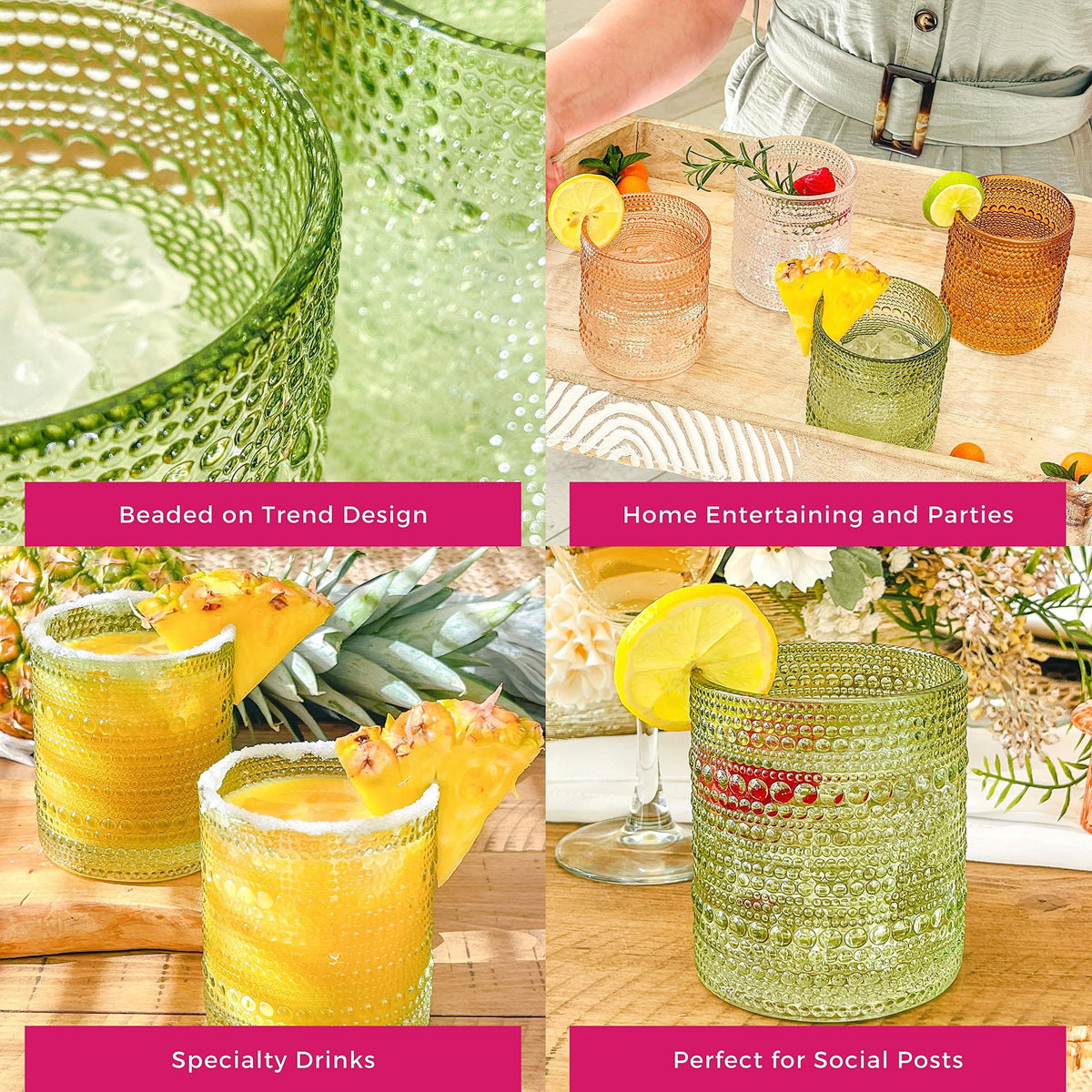 Kate Aspen Sage Green Hobnail Beaded Drinking Glasses pair with blooms on a bar cart.