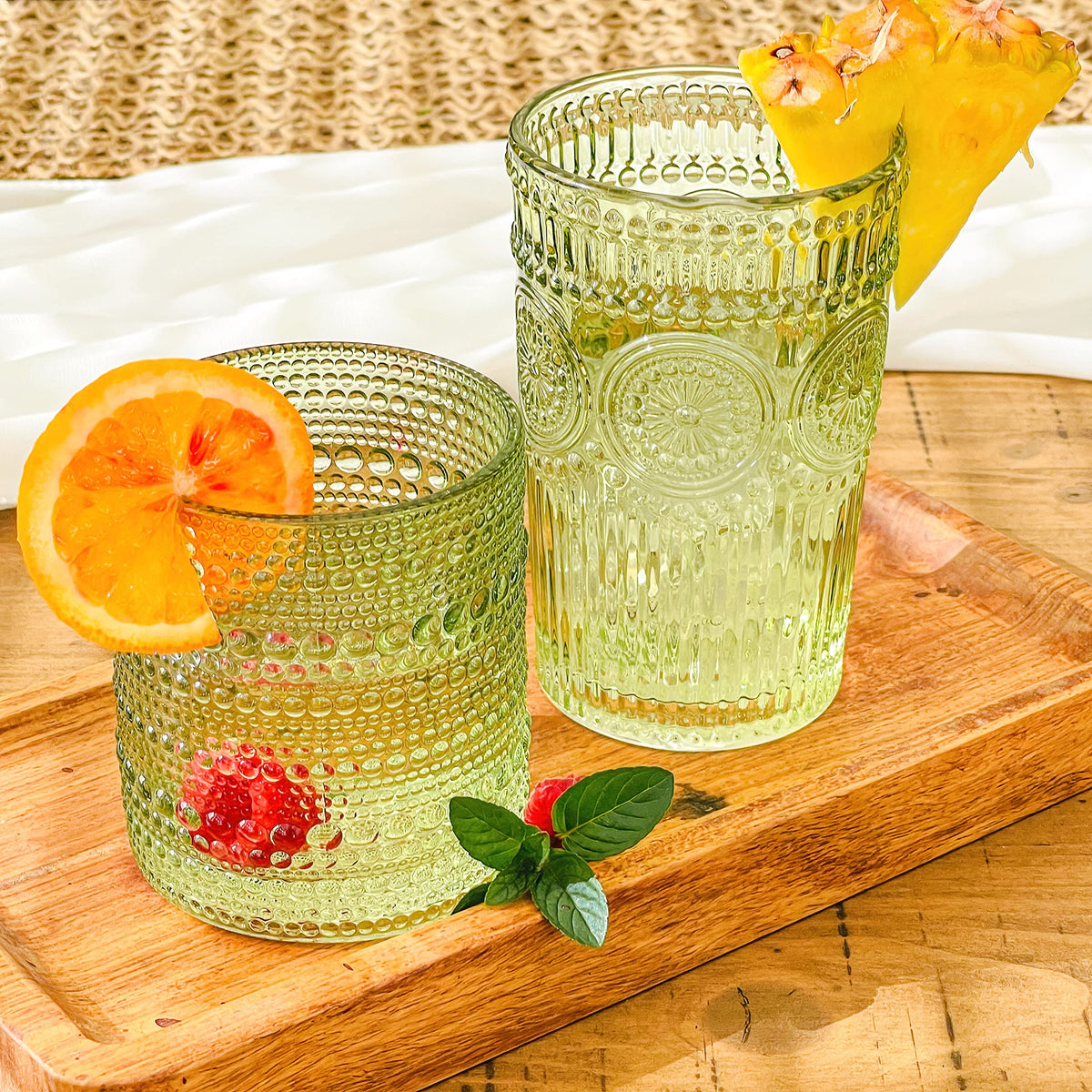 Kate Aspen Sage Green Hobnail Beaded Drinking Glasses serve as a stylish hostess gift.