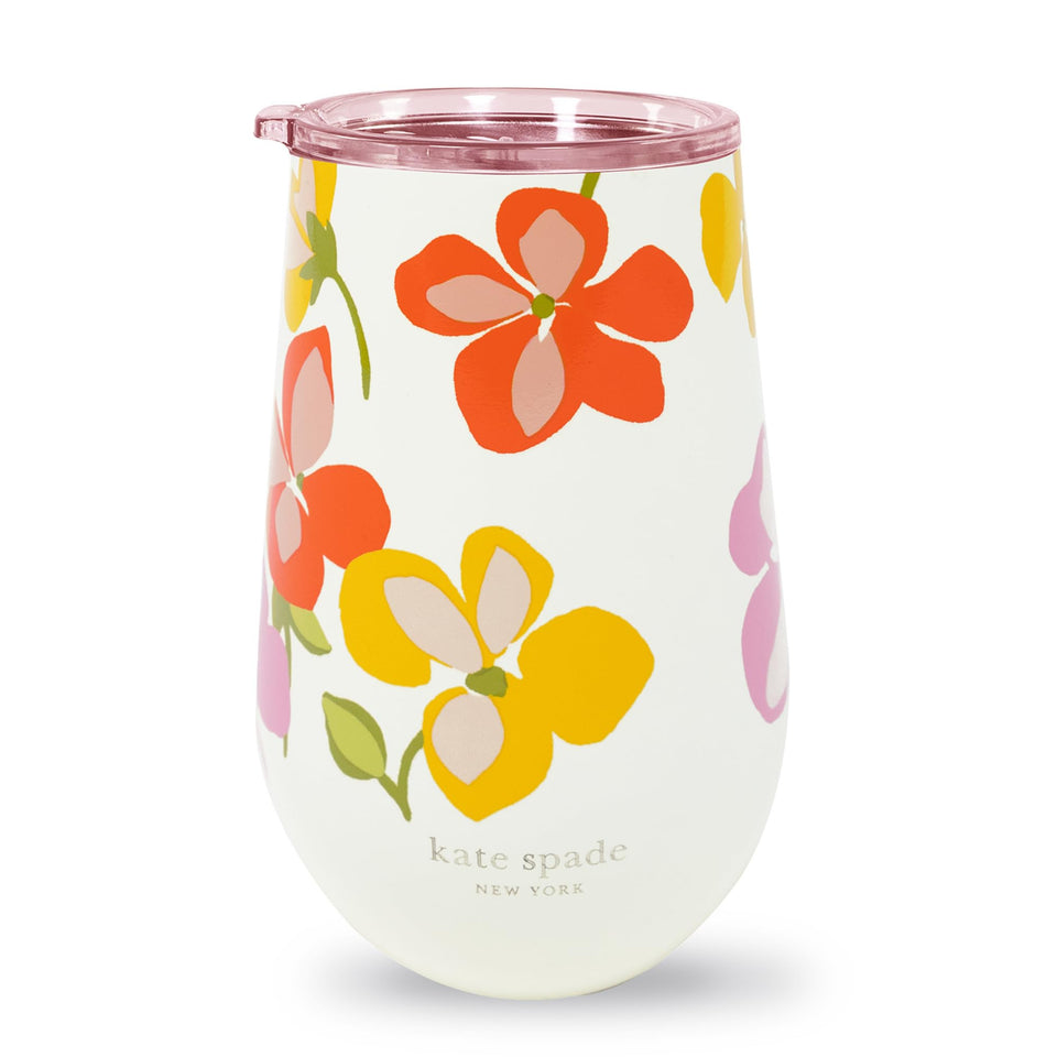 kate spade new york 16oz wine tumbler with spring pansies, keeps drinks cold on the go
