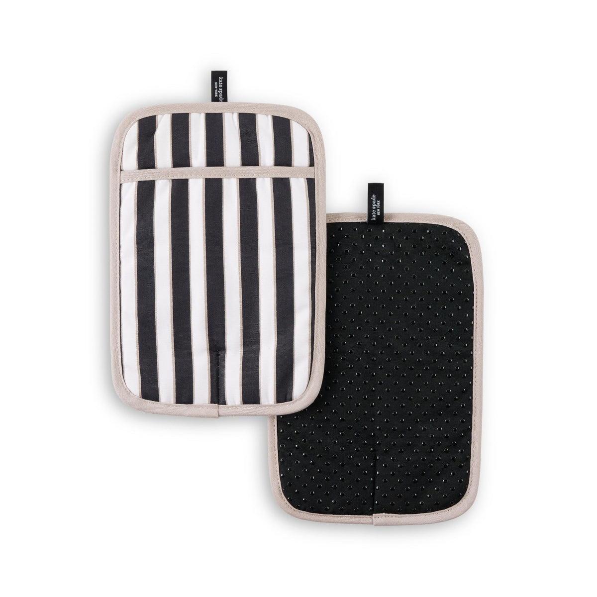 kate spade new york botanical stripe pot holder 2-pack front view with black and beige stripes.