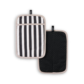 kate spade new york botanical stripe pot holder 2-pack front view with black and beige stripes.