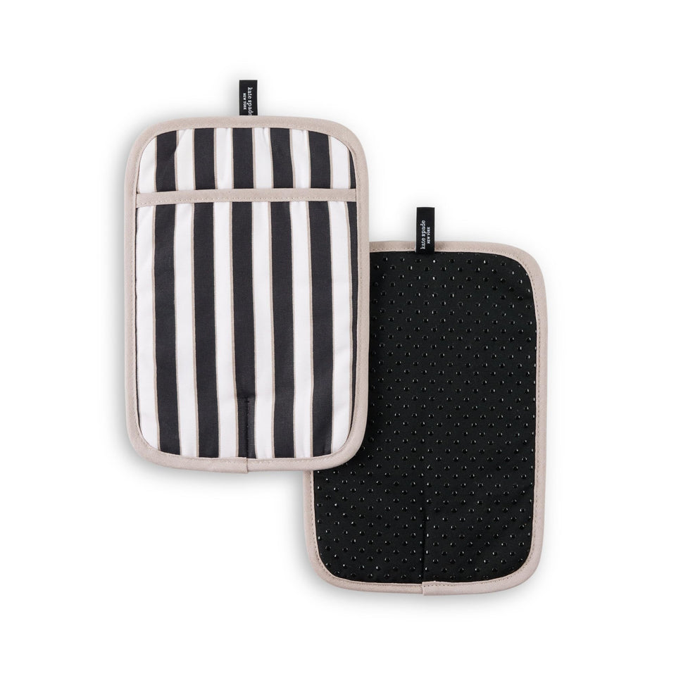 kate spade new york botanical stripe pot holder 2-pack front view with black and beige stripes.