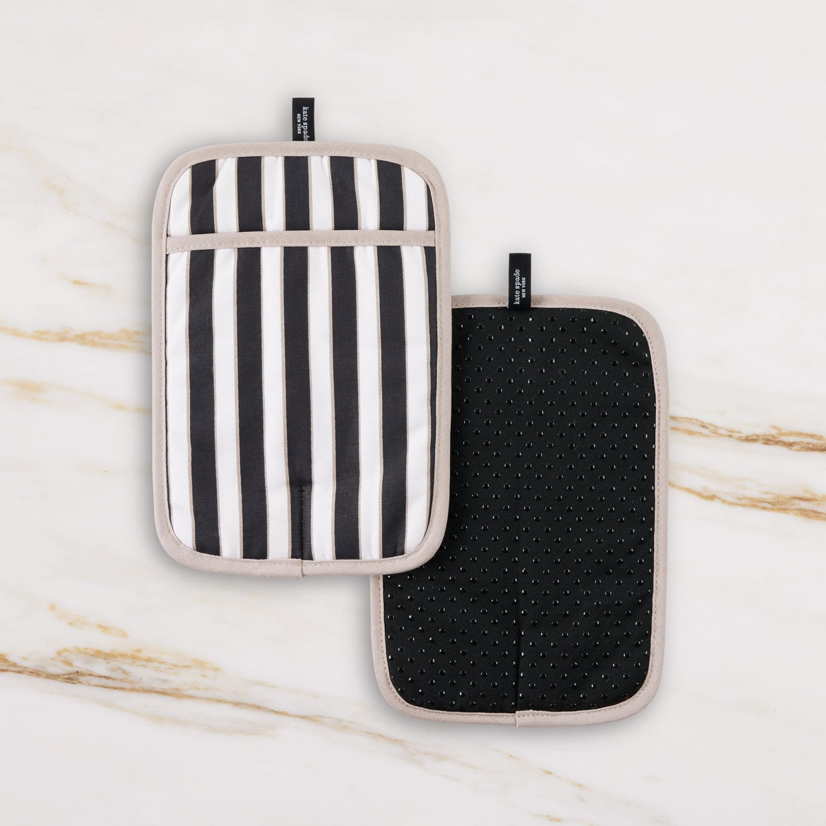 kate spade new york botanical stripe pot holder 2-pack hanging loop for easy storage.