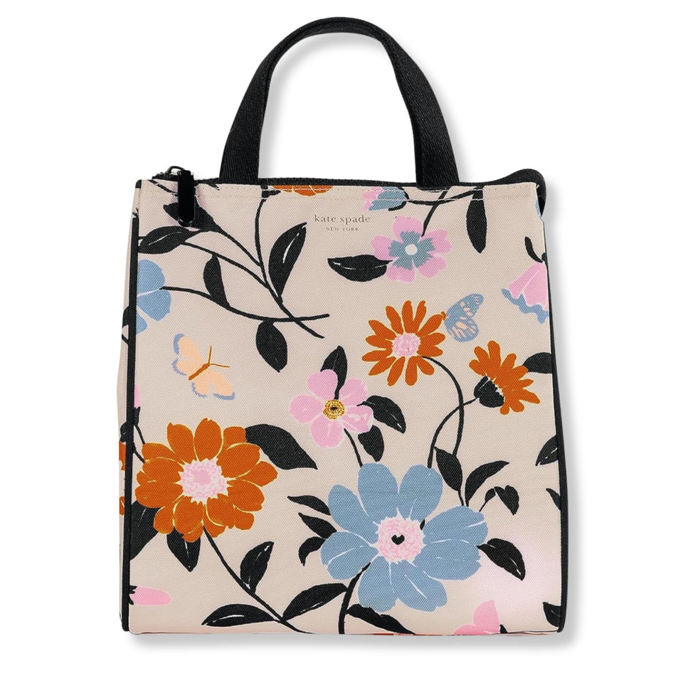 kate spade new york portable soft cooler lunch bag, top view, floral garden pattern, ideal for picnics