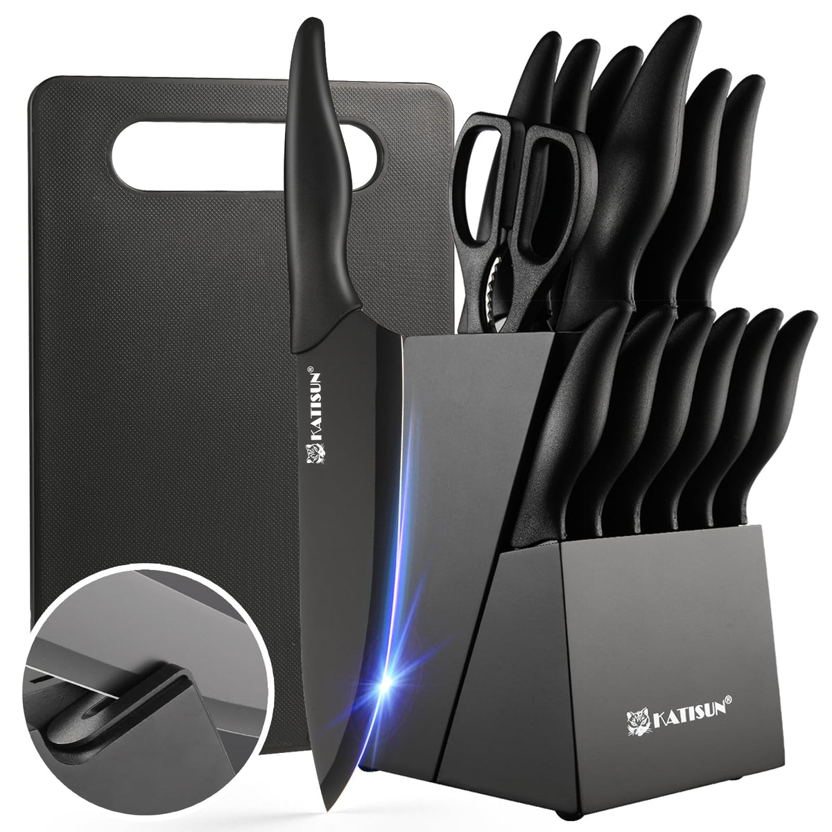 KATISUN 16-piece knife block set arranged for organized kitchen storage and easy access