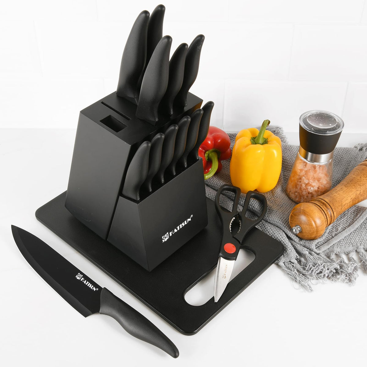 KATISUN dishwasher-safe knives with built-in sharpener and shears