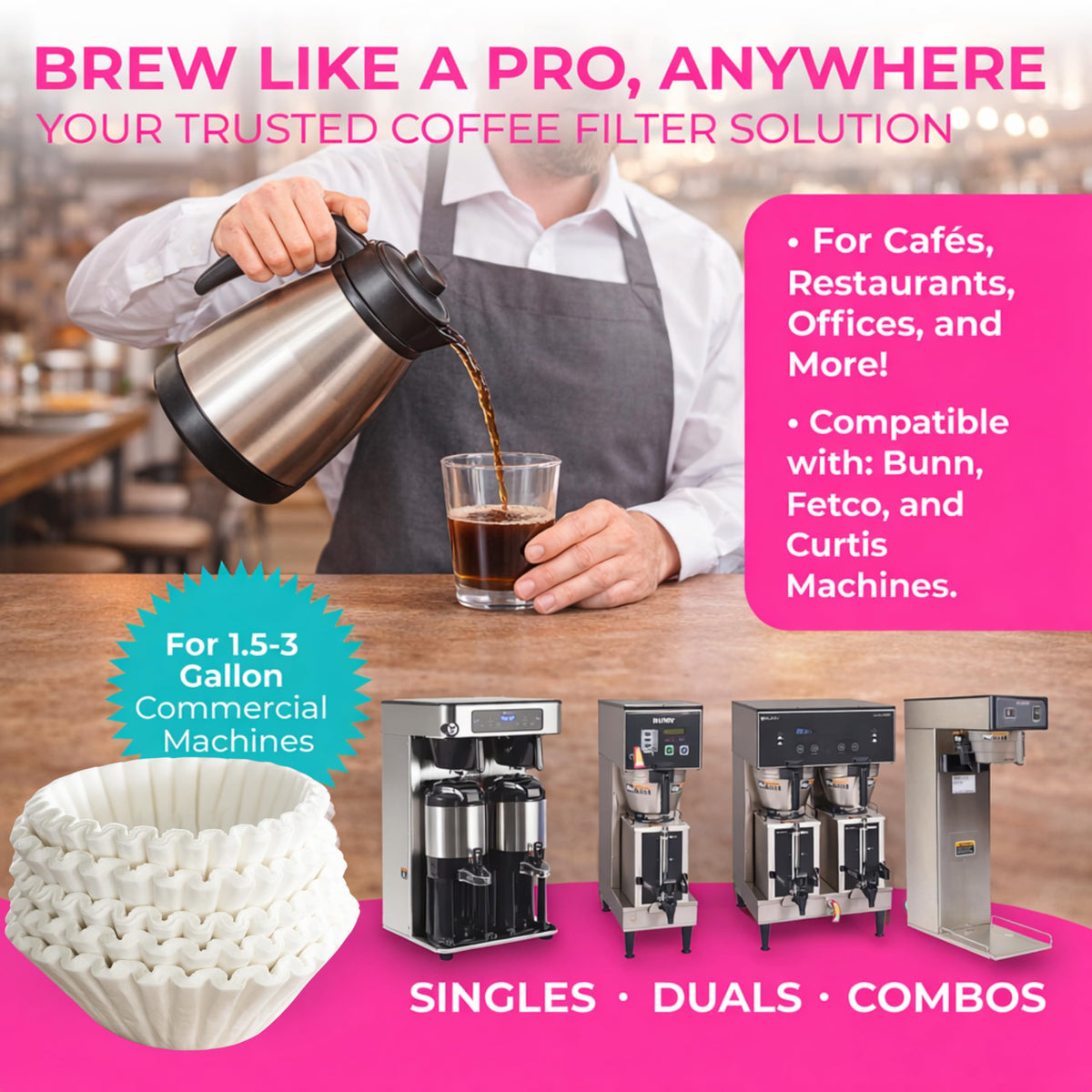No overflow feature shown during a high-volume brew scenario.