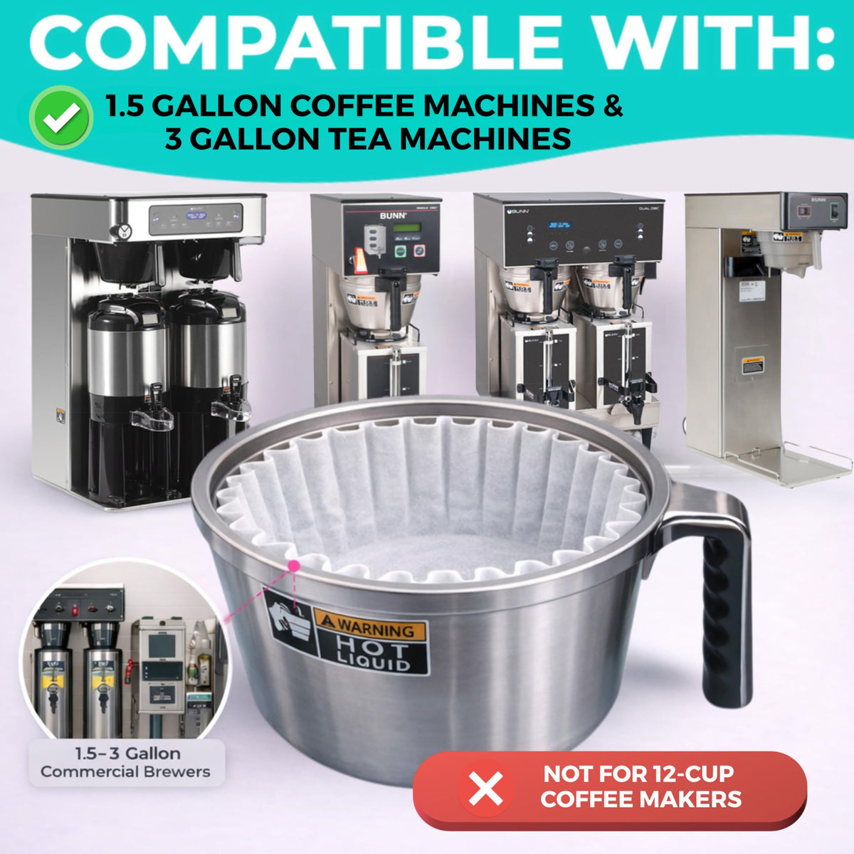 Tall-wall design prevents overflow during busy commercial brew cycles.