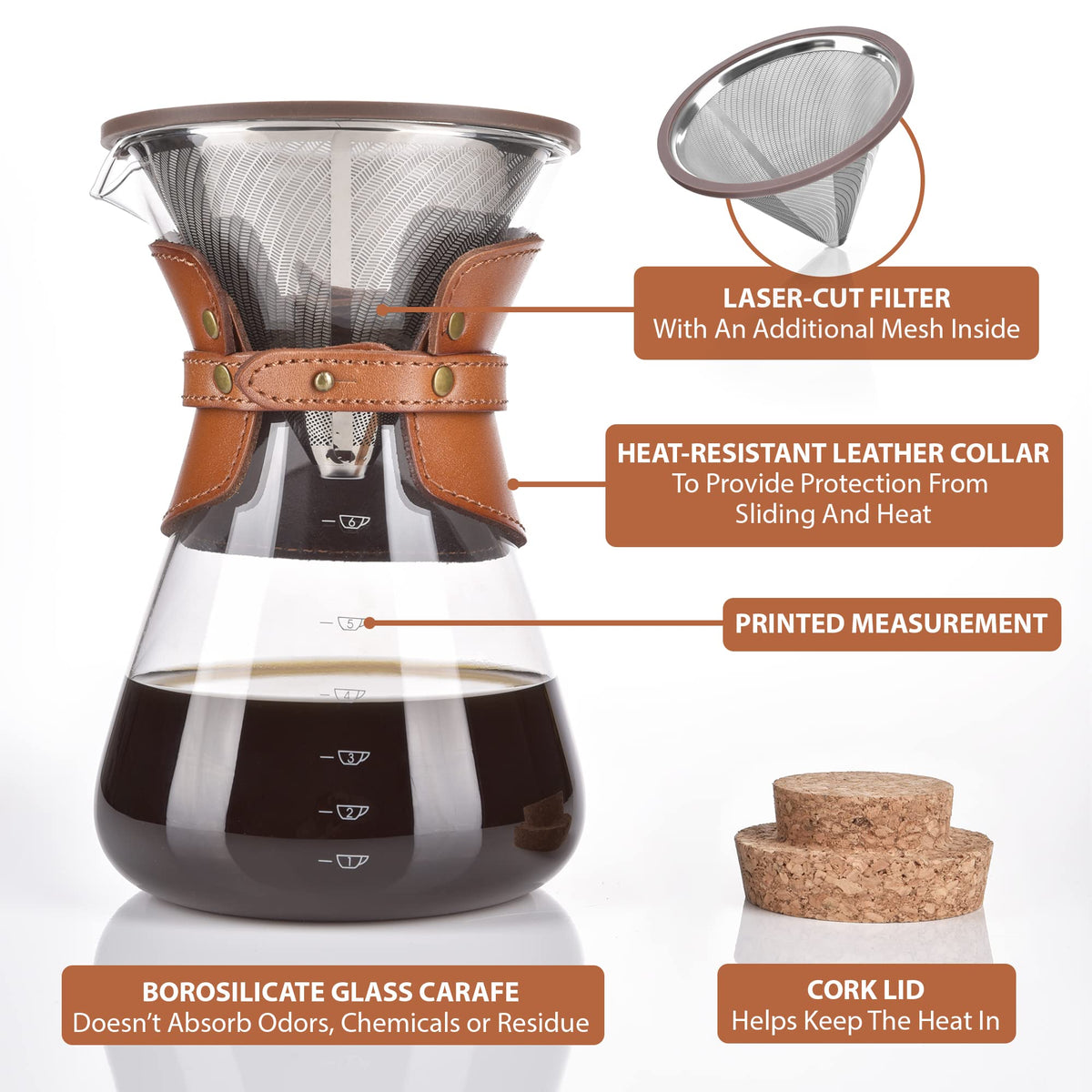 Kavako borosilicate glass carafe with measurement marks for precise brewing.