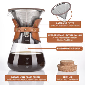 Kavako borosilicate glass carafe with measurement marks for precise brewing.