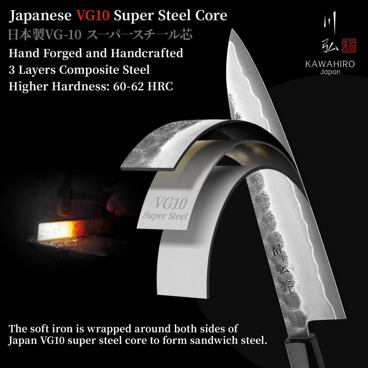 KAWAHIRO hand-forged black-forge finish adds premium look