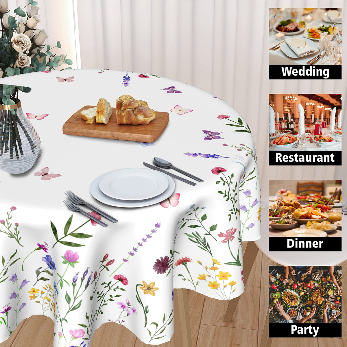 Kawani round tablecloth on dining table setting suitable for everyday meals and special occasions