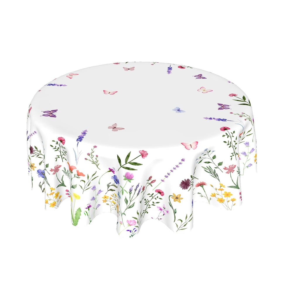 Kawani round tablecloth front view with vibrant wildflower pattern for lively gatherings