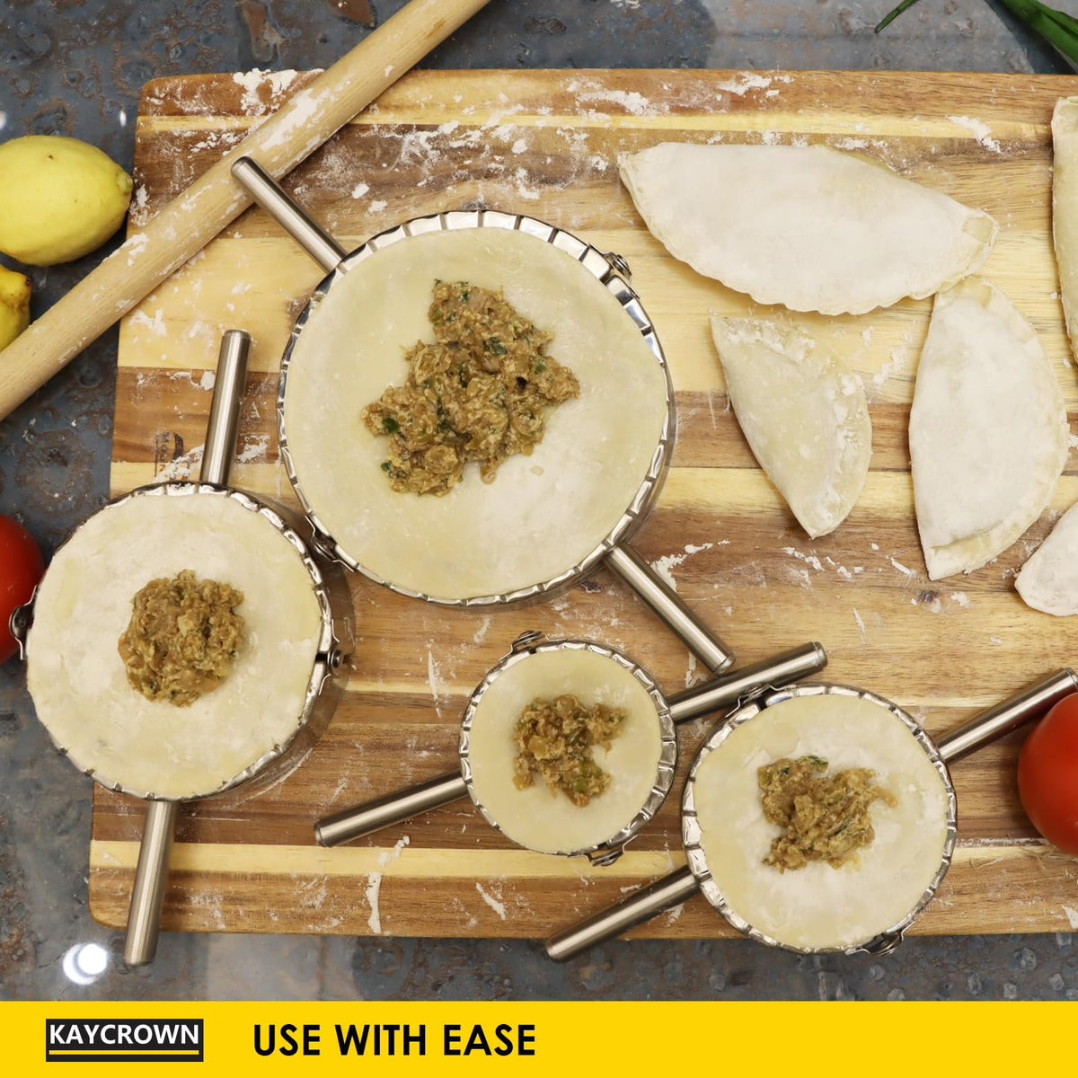 KAYCROWN empanada press dough-rolling surface ready for quick shaping.