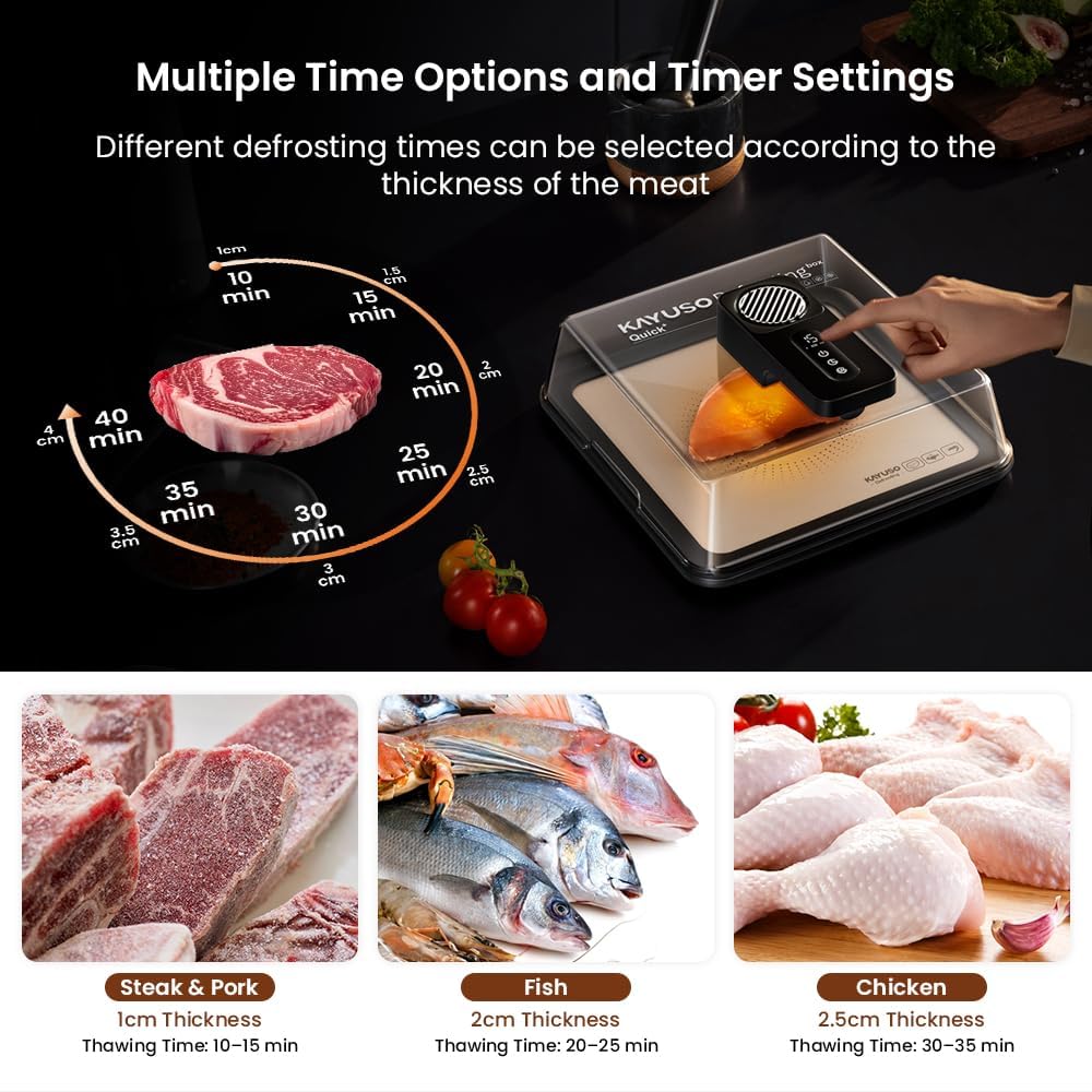 Kayuso defrosting tray thawing action shows fast, controlled defrost for evenings.