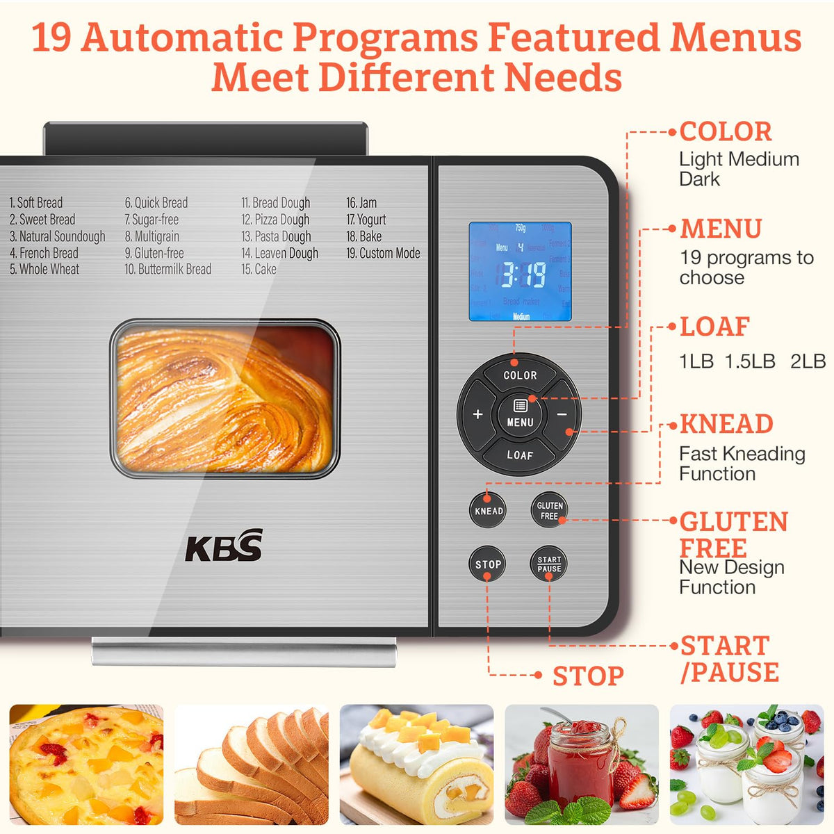 KBS bread maker control panel, easy scheduling and customized modes.