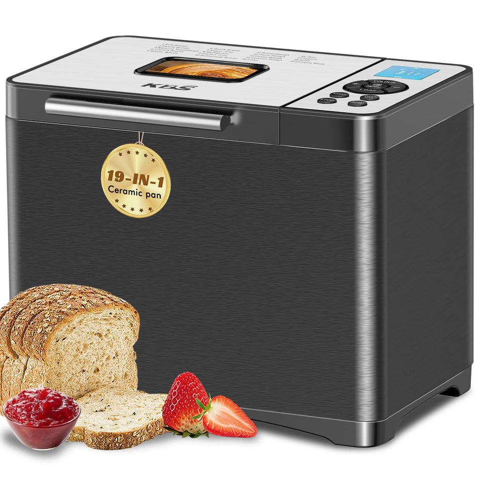 KBS 19-in-1 bread maker front view showing sleek stainless steel body for busy kitchens.