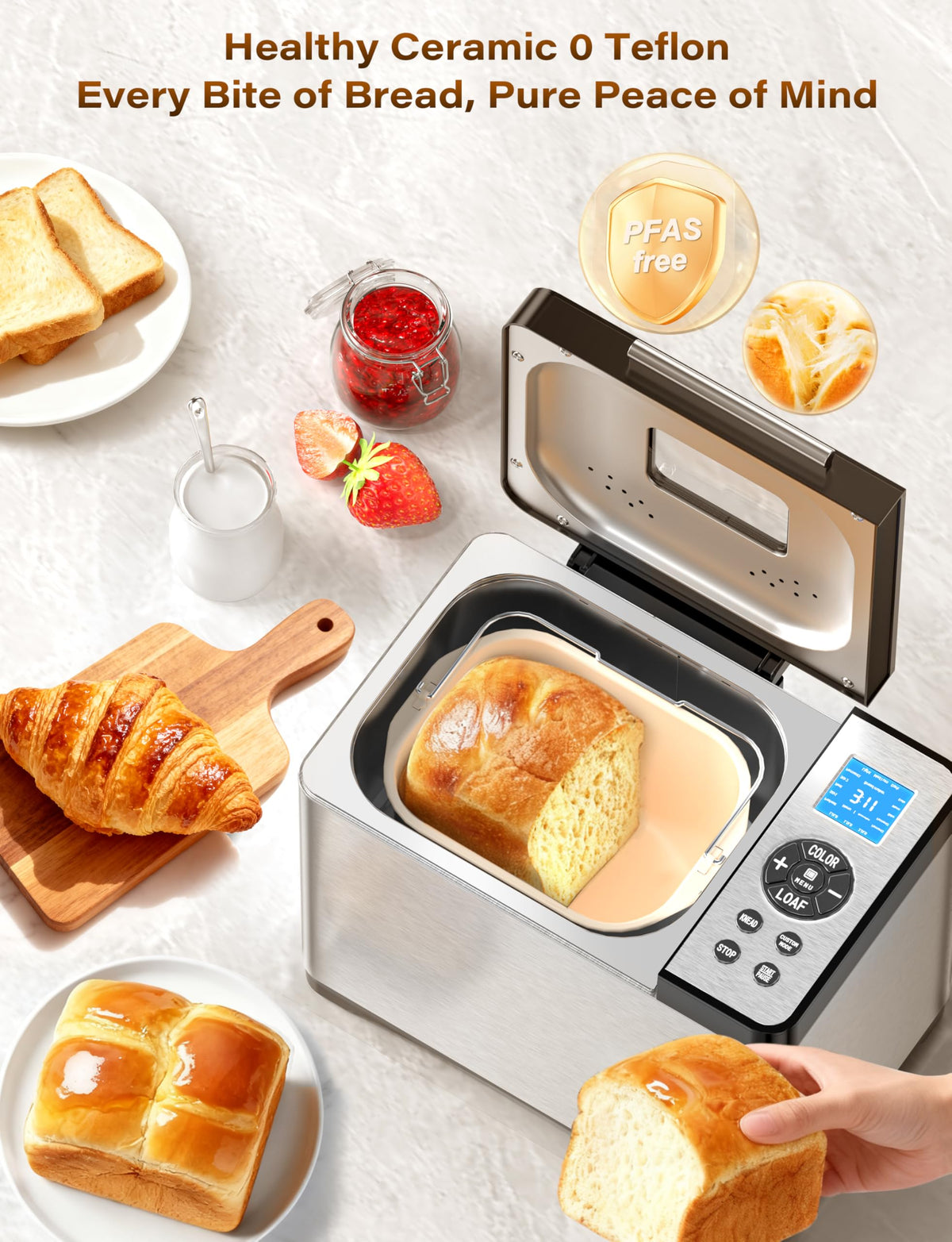KBS ceramic pan highlights healthy non-stick surface for easy bread release.
